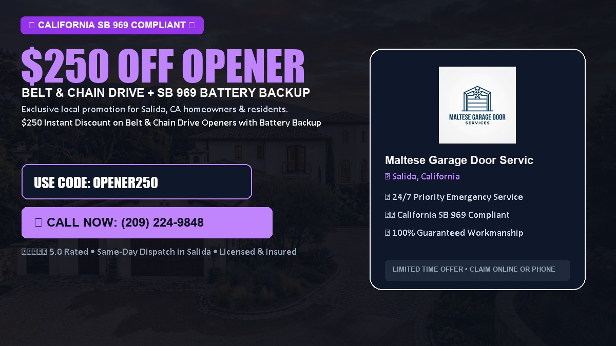 $250 OFF Smart Garage Door Opener Installation (Belt & Chain Drive with California SB 969 Battery Backup) in Salida, CA